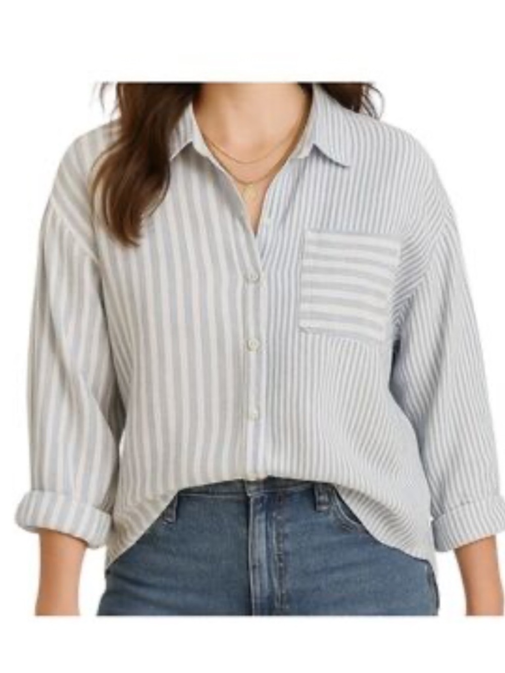 NICOLE MILLER 100% Linen ButtondownXL Abstract Stripe Blue White Coastal Beachy